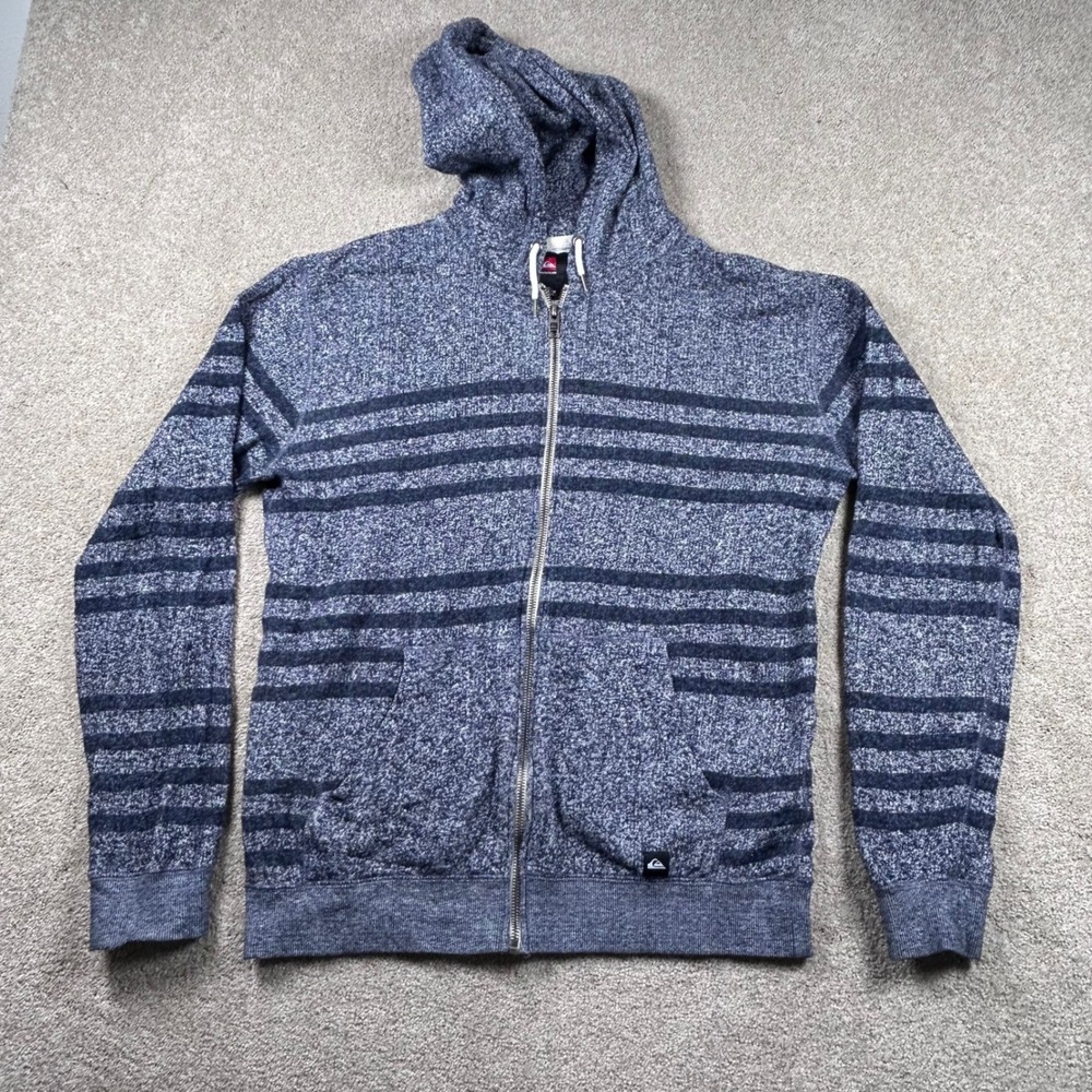 Quiksilver Mens Full Zip Hoodie Blue Marled Striped‎ Sweater Jacket Size Medium
